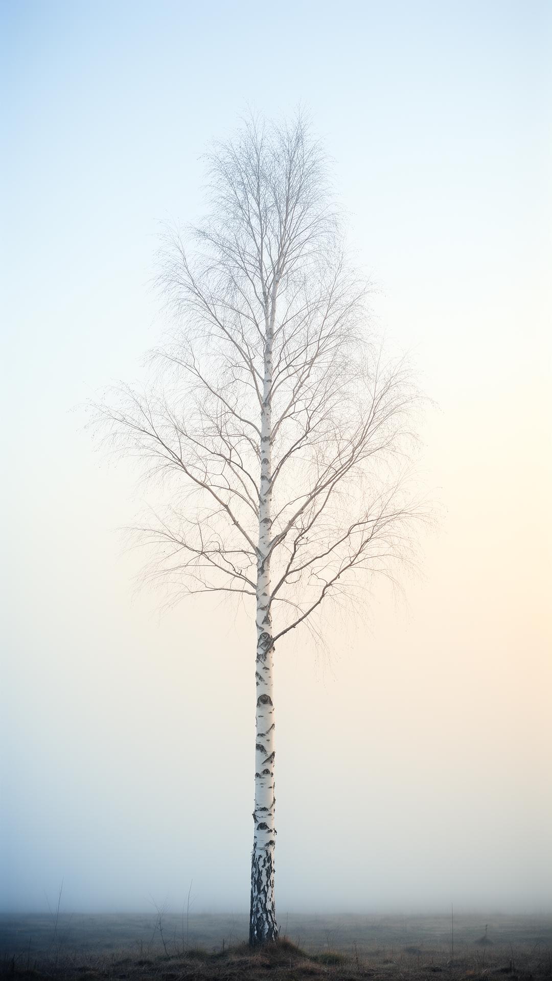 A solitary Finnish birch tree in soft Nordic mist